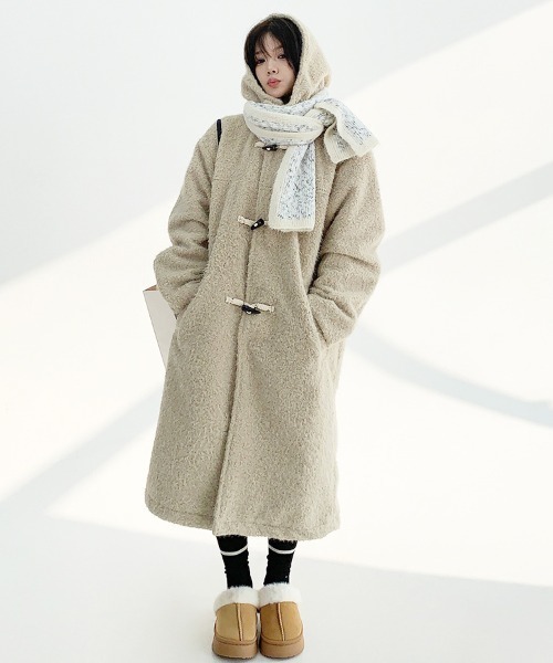 韓国ファッション ロング丈ボアダッフルコート（ダッフルコート