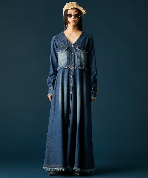 GEVS.（ジェイヴィス）の「デニムVネックワンピース＜大きいサイズ有＞GEVS.（ワンピース・レディース・ブルー系/ネイビー系・5L/4L/3L/LL/L/M）」の5枚目の写真