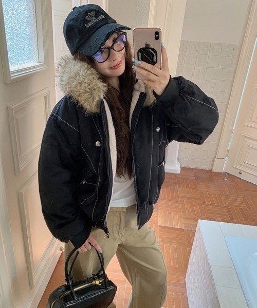 セール】オーバーサイズファーフード付き裏ボアブルゾン（ブルゾン