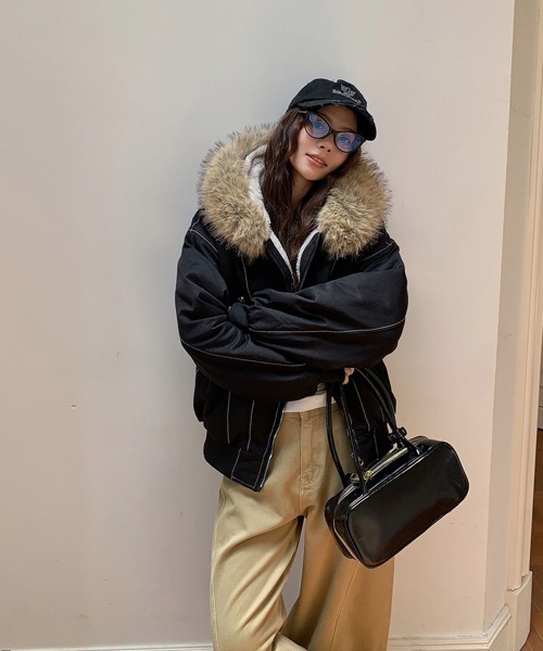 セール】オーバーサイズファーフード付き裏ボアブルゾン（ブルゾン