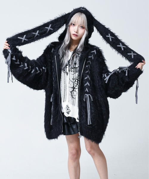 REFLEM(レフレム)の「『REFLEM/レフレム』うさ耳フェザーヤーンニットパーカー/ジップパーカー(パーカー・レディース・ブラック/チャコールグレー/ホワイト・FREE)」の9枚目の写真