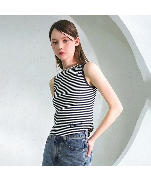 Vivacious(ビバシャス)の「Sus Boatneck Stripe Sleeveless NAVY(Tシャツ/カットソー・レディース・ネイビー・SMALL/MEDIUM)」の1枚目の写真