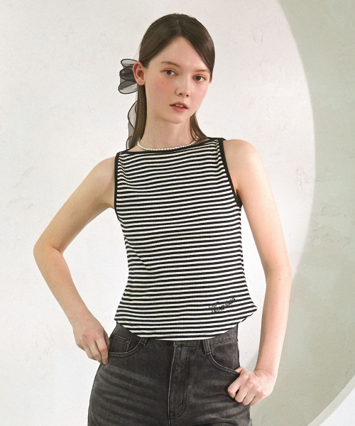 Vivacious(ビバシャス)の「Sus Boatneck Stripe Sleeveless NAVY(Tシャツ/カットソー・レディース・ネイビー・SMALL/MEDIUM)」の2枚目の写真