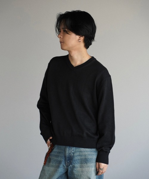 WYM LIDNM(ウィム バイ リドム)の「SILK BLEND V-NECK KNIT(ニット/セーター・メンズ・オフホワイト/アッシュブラウン/レッド/チャコール/ダークグレー/ブラウン/ダークネイビー・S/L/M/XL)」の9枚目の写真