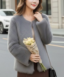 ノーカラージャケット（グレー/灰色系・フェイクファー）ファッション