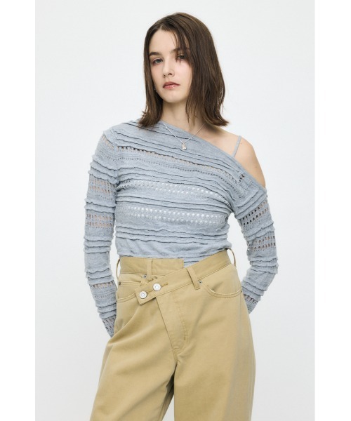 MOUSSY(マウジー)の「【26年SS新作】RANDOM STRIPE OFF SHOULDER トップス(ニット/セーター・レディース・ブルー系その他/イエロー系その他/ブラック/アイボリー/杢グレー・FREE)」の4枚目の写真