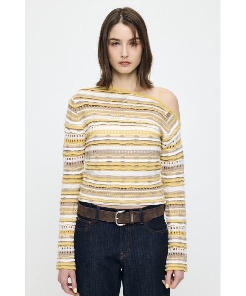 MOUSSY(マウジー)の「【26年SS新作】RANDOM STRIPE OFF SHOULDER トップス(ニット/セーター・レディース・ブルー系その他/イエロー系その他/ブラック/アイボリー/杢グレー・FREE)」の5枚目の写真