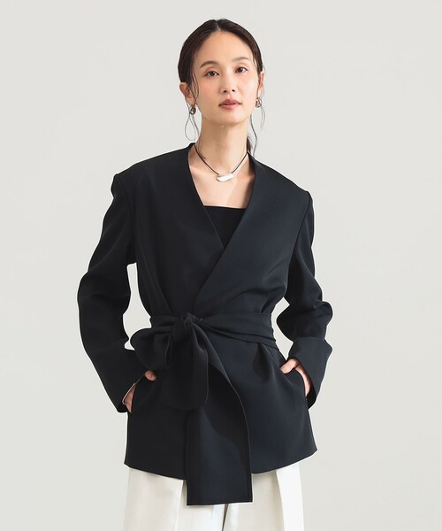 Demi-Luxe BEAMS（デミルクス ビームス）の「ドライカルゼ ベルテッド ジャケット（ノーカラージャケット・レディース・ブラック/ベージュ・36/38）」の15枚目の写真