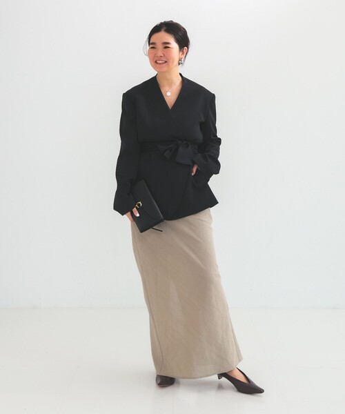 Demi-Luxe BEAMS（デミルクス ビームス）の「ドライカルゼ ベルテッド ジャケット（ノーカラージャケット・レディース・ブラック/ベージュ・36/38）」の20枚目の写真