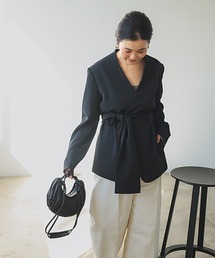 Demi-Luxe BEAMS | ドライカルゼ ベルテッド ジャケット(ノーカラージャケット)
