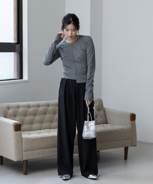 slattgir（スラットジール）の「高身長　アシメ切替クロップドテレコ長袖Ｔシャツ（トールサイズ）Essenave（Tシャツ/カットソー・レディース・オフホワイト/チャコールグレー・TM/TL/TLL/T3L/T4L/T5L）」の18枚目の写真