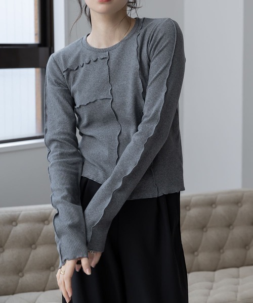 slattgir（スラットジール）の「高身長　アシメ切替クロップドテレコ長袖Ｔシャツ（トールサイズ）Essenave（Tシャツ/カットソー・レディース・オフホワイト/チャコールグレー・TM/TL/TLL/T3L/T4L/T5L）」の4枚目の写真