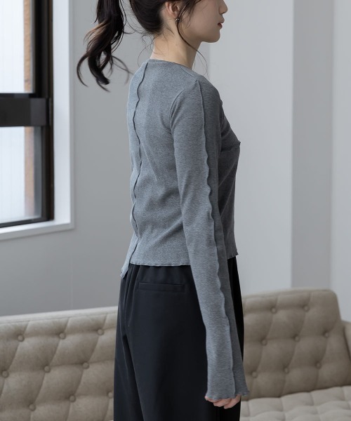 slattgir（スラットジール）の「高身長　アシメ切替クロップドテレコ長袖Ｔシャツ（トールサイズ）Essenave（Tシャツ/カットソー・レディース・オフホワイト/チャコールグレー・TM/TL/TLL/T3L/T4L/T5L）」の12枚目の写真