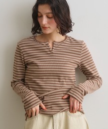 Crisp（クリスプ）の「キーネックボーダーリブTシャツ（Tシャツ/カットソー）」