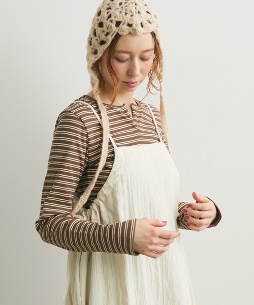 Crisp(クリスプ)の「キーネックボーダーリブTシャツ(Tシャツ/カットソー・レディース・ブラウン/アイボリー・FREE)」の4枚目の写真