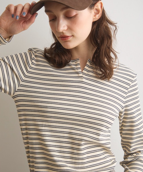 Crisp(クリスプ)の「キーネックボーダーリブTシャツ(Tシャツ/カットソー・レディース・ブラウン/アイボリー・FREE)」の11枚目の写真