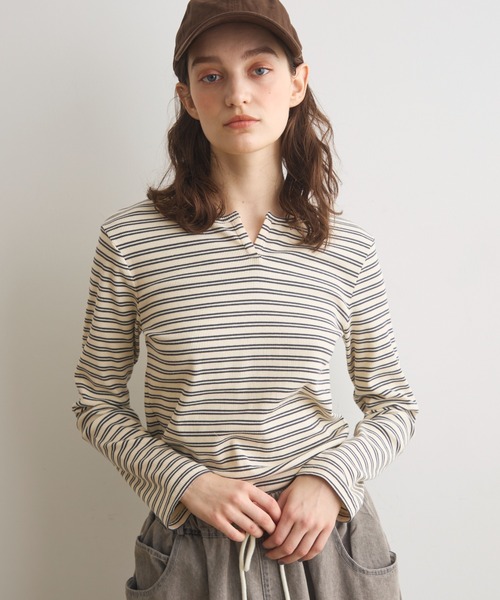 Crisp(クリスプ)の「キーネックボーダーリブTシャツ(Tシャツ/カットソー・レディース・ブラウン/アイボリー・FREE)」の10枚目の写真