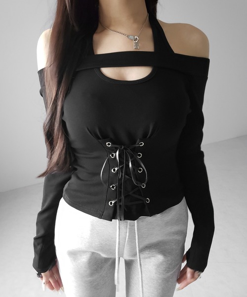 me+em select(ミームセレクト)の「【 2color 】レースアップカットアウトホルターオフショルトップス / laceup cutout halter offshoulder tops(Tシャツ/カットソー・レディース・ホワイト/ブラック・FREE)」の9枚目の写真