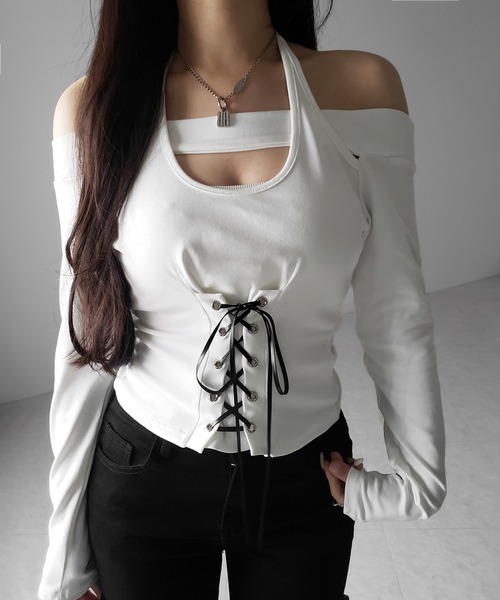 me+em select(ミームセレクト)の「【 2color 】レースアップカットアウトホルターオフショルトップス / laceup cutout halter offshoulder tops(Tシャツ/カットソー・レディース・ホワイト/ブラック・FREE)」の18枚目の写真