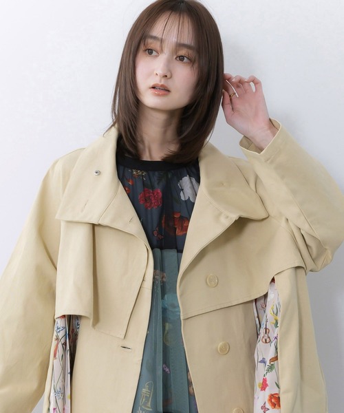 iS ScoLar（イズスカラー）の「561214：クラシカル柄プリーツ×ツイルトレンチ風コート（ブルゾン・レディース・ベージュ/チャコールグレー・M）」の7枚目の写真