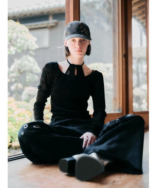 セール】【TAJEN:T】SHEER VELOUR HALTERNECK TOPS/シアーベロア
