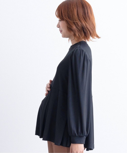 SweetMommy（スウィートマミー）の「フロントジップ ペプラムトップス [マタニティ 授乳 産前産後]（マタニティウェア/グッズ・レディース・ブラック/ライトベージュ・FREE）」の4枚目の写真