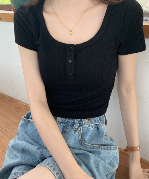 GLAMOROUS JANE（グラマラスジェーン）の「ヘンリーネック半袖リブTシャツ（Tシャツ/カットソー・レディース・ホワイト/ブラック・FREE）」の2枚目の写真