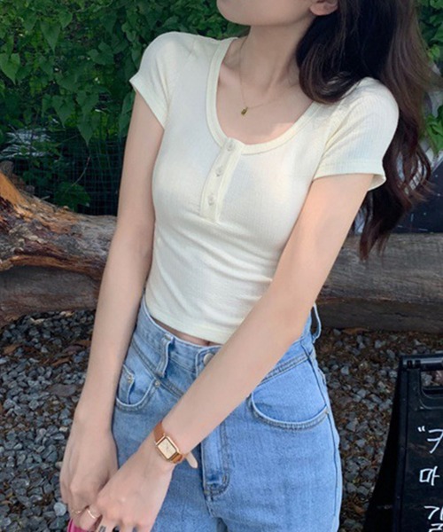 GLAMOROUS JANE（グラマラスジェーン）の「ヘンリーネック半袖リブTシャツ（Tシャツ/カットソー・レディース・ホワイト/ブラック・FREE）」の4枚目の写真