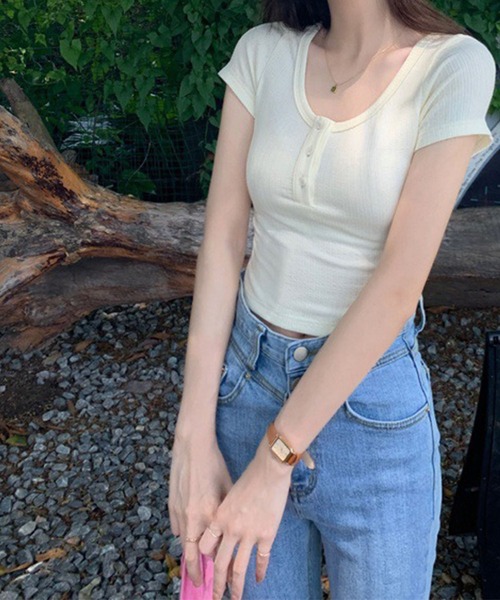 GLAMOROUS JANE（グラマラスジェーン）の「ヘンリーネック半袖リブTシャツ（Tシャツ/カットソー・レディース・ホワイト/ブラック・FREE）」の5枚目の写真