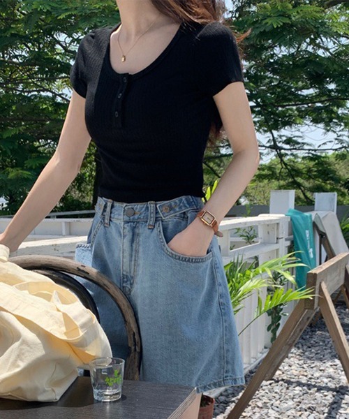GLAMOROUS JANE（グラマラスジェーン）の「ヘンリーネック半袖リブTシャツ（Tシャツ/カットソー・レディース・ホワイト/ブラック・FREE）」の10枚目の写真