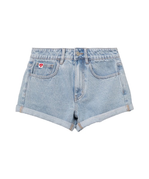 APEE BY A BATHING APE(エイピーバイアベイシングエイプ)の「PU BADGE DENIM SHORTS(デニムパンツ・レディース・ライトインディゴブルー/インディゴブルー・SMALL/X-SMALL)」の1枚目の写真