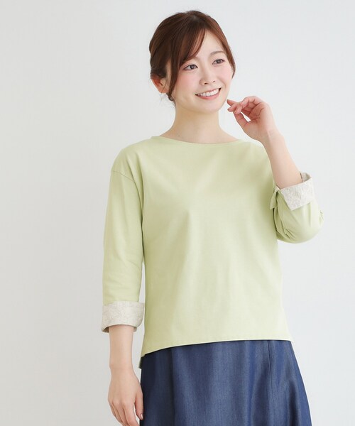 LAURA ASHLEY(ローラアシュレイ)の「【7分袖/コットン100%/見返し刺繍入り/5colors】ハービー フィールド柄プルオーバー(Tシャツ/カットソー・レディース・ライトオレンジ系/グリーン/オフホワイト/ネイビー/ライトブルー・38/40)」の3枚目の写真