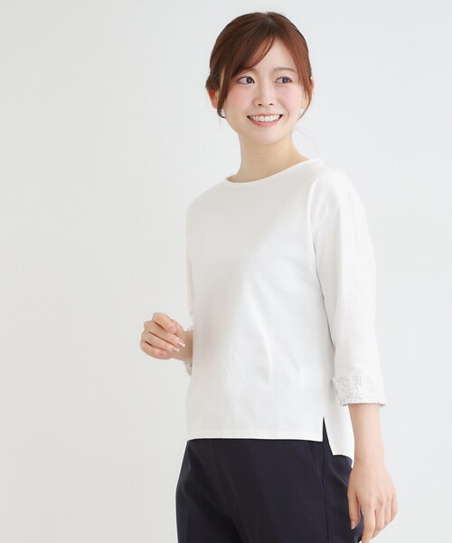 LAURA ASHLEY(ローラアシュレイ)の「【7分袖/コットン100%/見返し刺繍入り/5colors】ハービー フィールド柄プルオーバー(Tシャツ/カットソー・レディース・ライトオレンジ系/グリーン/オフホワイト/ネイビー/ライトブルー・38/40)」の13枚目の写真