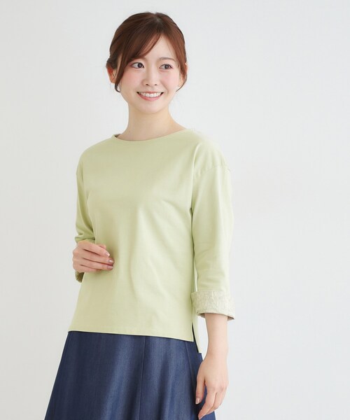 LAURA ASHLEY(ローラアシュレイ)の「【7分袖/コットン100%/見返し刺繍入り/5colors】ハービー フィールド柄プルオーバー(Tシャツ/カットソー・レディース・ライトオレンジ系/グリーン/オフホワイト/ネイビー/ライトブルー・38/40)」の9枚目の写真