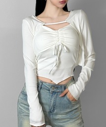 【3color/カップ付き】フロントギャザーカットアウトレイヤードトップス
