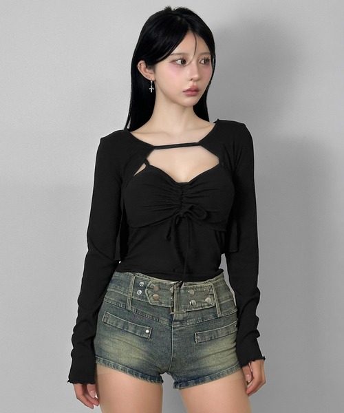 FOLLOWIN(フォロウィン)の「【3color/カップ付き】フロントギャザーカットアウトレイヤードトップス(Tシャツ/カットソー・レディース・グレー/ホワイト/ブラック・FREE)」の8枚目の写真