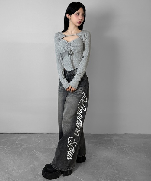 FOLLOWIN(フォロウィン)の「【3color/カップ付き】フロントギャザーカットアウトレイヤードトップス(Tシャツ/カットソー・レディース・グレー/ホワイト/ブラック・FREE)」の18枚目の写真