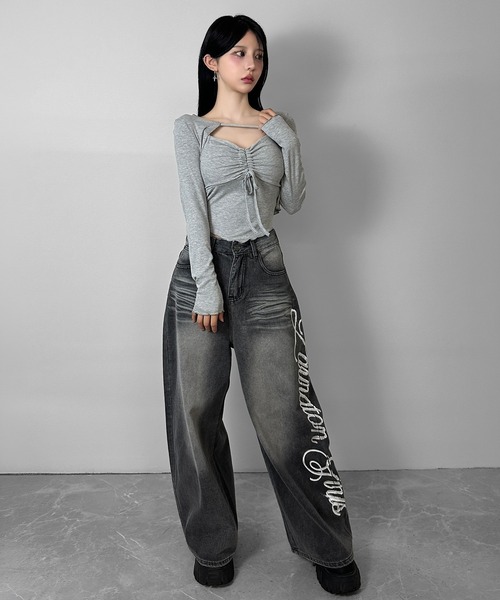 FOLLOWIN(フォロウィン)の「【3color/カップ付き】フロントギャザーカットアウトレイヤードトップス(Tシャツ/カットソー・レディース・グレー/ホワイト/ブラック・FREE)」の15枚目の写真