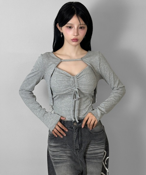 FOLLOWIN(フォロウィン)の「【3color/カップ付き】フロントギャザーカットアウトレイヤードトップス(Tシャツ/カットソー・レディース・グレー/ホワイト/ブラック・FREE)」の22枚目の写真