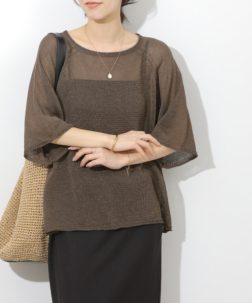 JOURNAL STANDARD relume(ジャーナルスタンダード レリューム)の「PEリネンハーフスリーブプルオーバー(ニット/セーター・レディース・ブラウン/ライトグリーン/ブラック・FREE)」の3枚目の写真