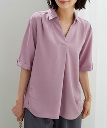 麻調素材袖ボタン使いブラウス