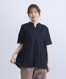 胸元ピンタックコクーンシルエット半袖ブラウス
