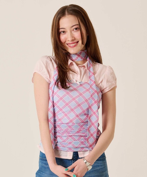TINA:JOJUN(ティーナジョジュン)の「スカーフ付き シャーリング チューブトップ TINA:JOJUN(チューブトップ・レディース・サックスブルー/ミント・M)」の3枚目の写真
