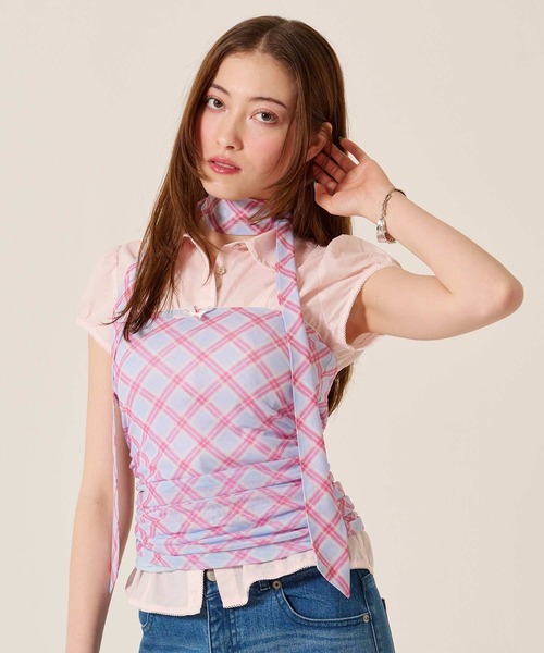 TINA:JOJUN(ティーナジョジュン)の「スカーフ付き シャーリング チューブトップ TINA:JOJUN(チューブトップ・レディース・サックスブルー/ミント・M)」の6枚目の写真