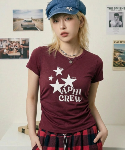 VIVID LADY(ビビッドレディー)の「スターグラフィック シャーリング 半袖Tシャツ(Tシャツ/カットソー・レディース・チャコールグレー/ワイン/ブラック/アイボリー/ブルー・FREE)」の8枚目の写真