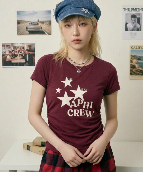 VIVID LADY(ビビッドレディー)の「スターグラフィック シャーリング 半袖Tシャツ(Tシャツ/カットソー・レディース・チャコールグレー/ワイン/ブラック/アイボリー/ブルー・FREE)」の9枚目の写真