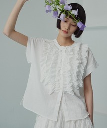 ミックスガーゼ ボリューム フリル ノースリーブ ブラウス/ Mixed-Gauze Voluminous Frill Sleeveless Blouse /半袖 フレンチスリーブ ハーフスリーブ 袖なし