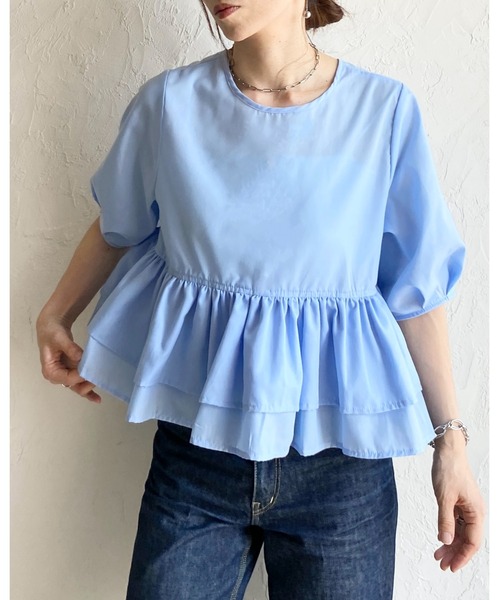 She's Closet(シーズクローゼット)の「前後2way半袖ショート丈 パフスリーブ フリルティアード ペプラム ブラウス(シャツ/ブラウス・レディース・ホワイト/ブラック/ブルー・FREE)」の8枚目の写真