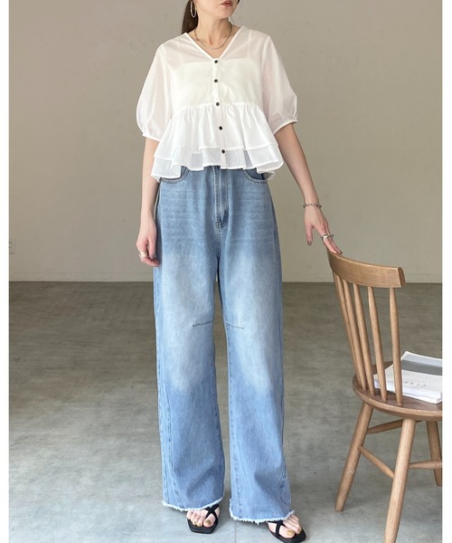 She's Closet(シーズクローゼット)の「前後2way半袖ショート丈 パフスリーブ フリルティアード ペプラム ブラウス(シャツ/ブラウス・レディース・ホワイト/ブラック/ブルー・FREE)」の13枚目の写真