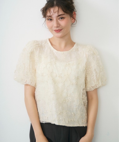 Lunea(ルネア)の「フラワーチュールボリュームブラウス / flower tulle volume blouse(シャツ/ブラウス・レディース・ピンク/グリーン/ホワイト・FREE)」の1枚目の写真